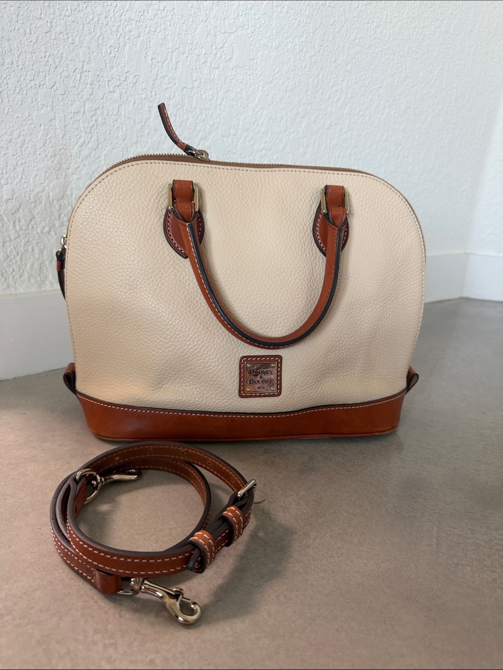Dooney & Bourke Cream and Brown Pebbled Leather Satchel with Removable Strap